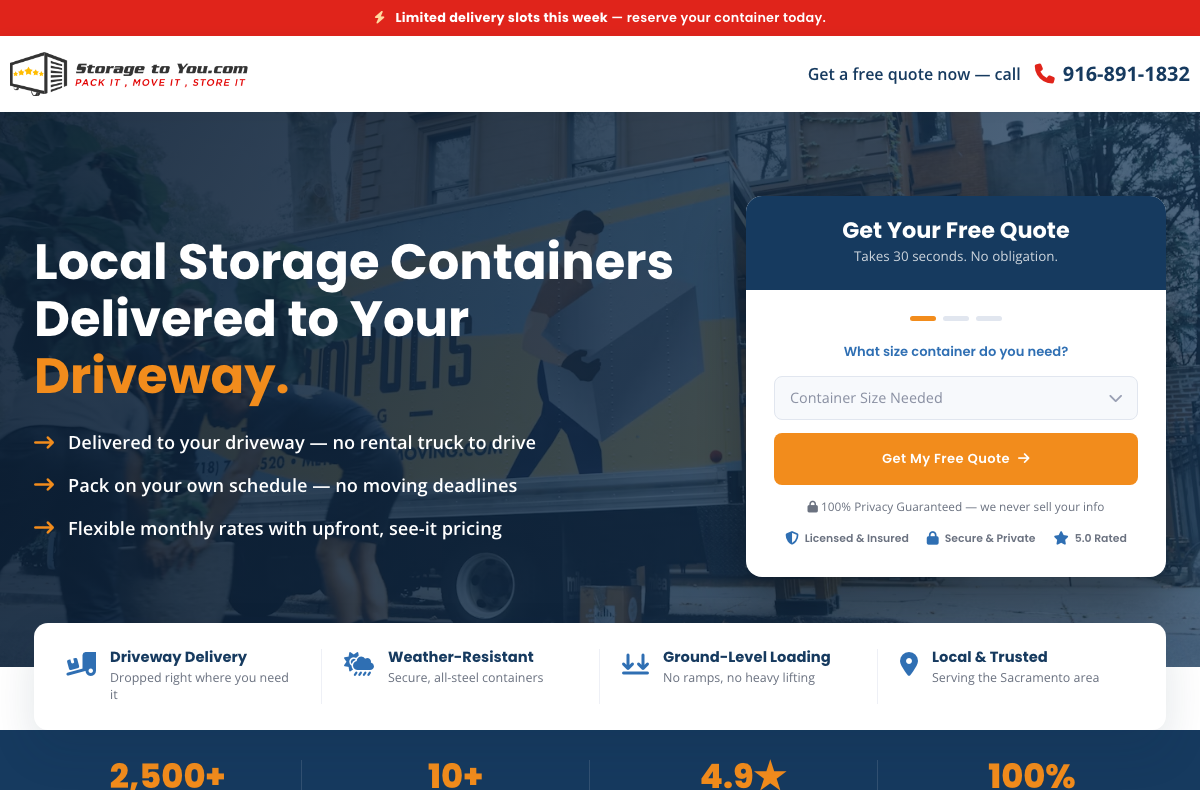 Storage To You landing page built by Nerds Do It Better